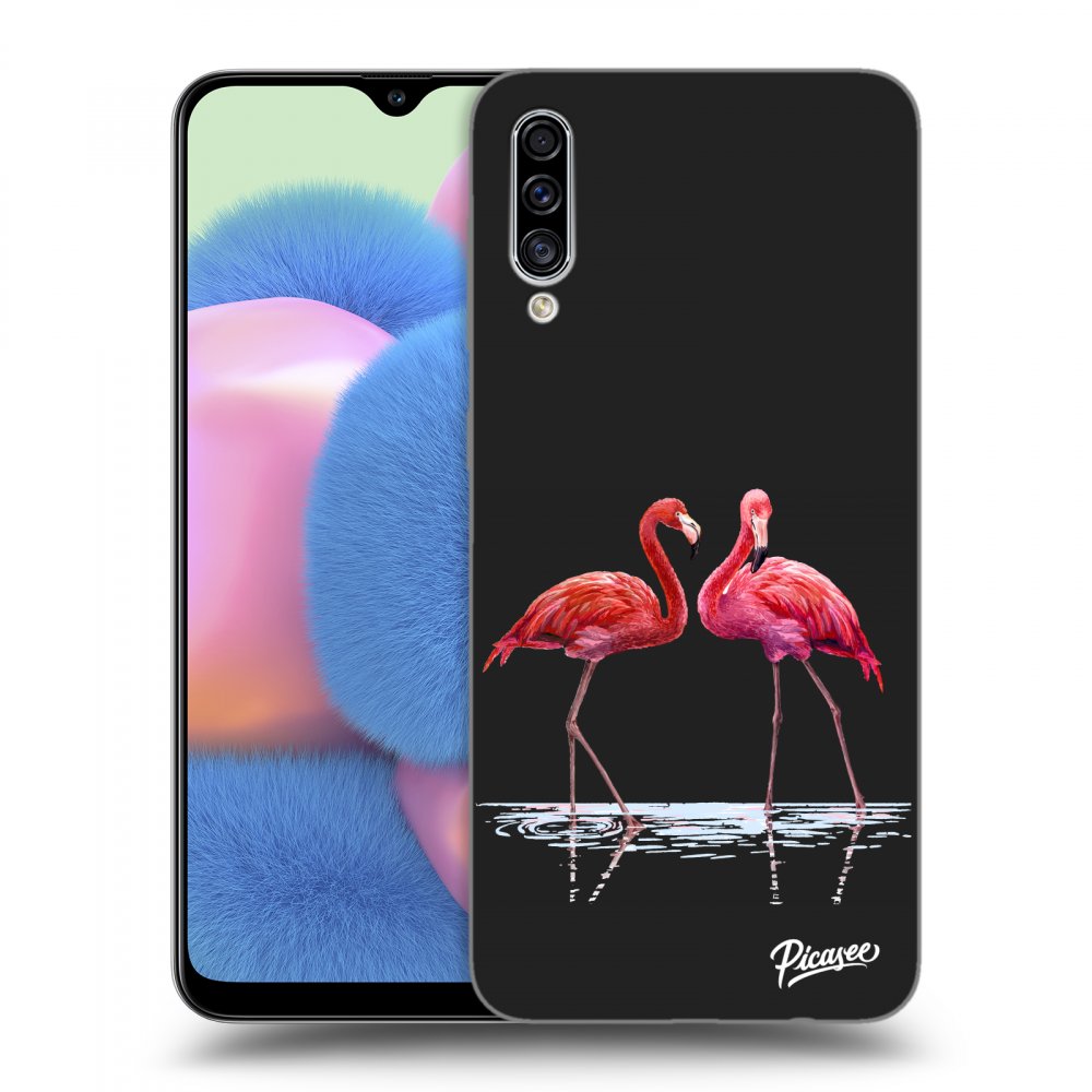 Picasee crna silikonska maskica za Samsung Galaxy A30s A307F - Flamingos couple