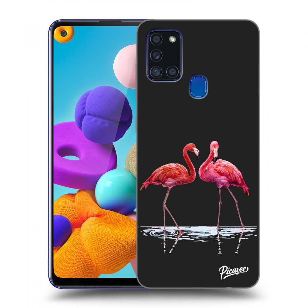Picasee crna silikonska maskica za Samsung Galaxy A21s - Flamingos couple