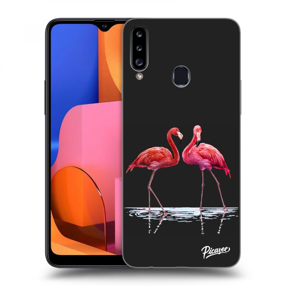 Picasee crna silikonska maskica za Samsung Galaxy A20s - Flamingos couple