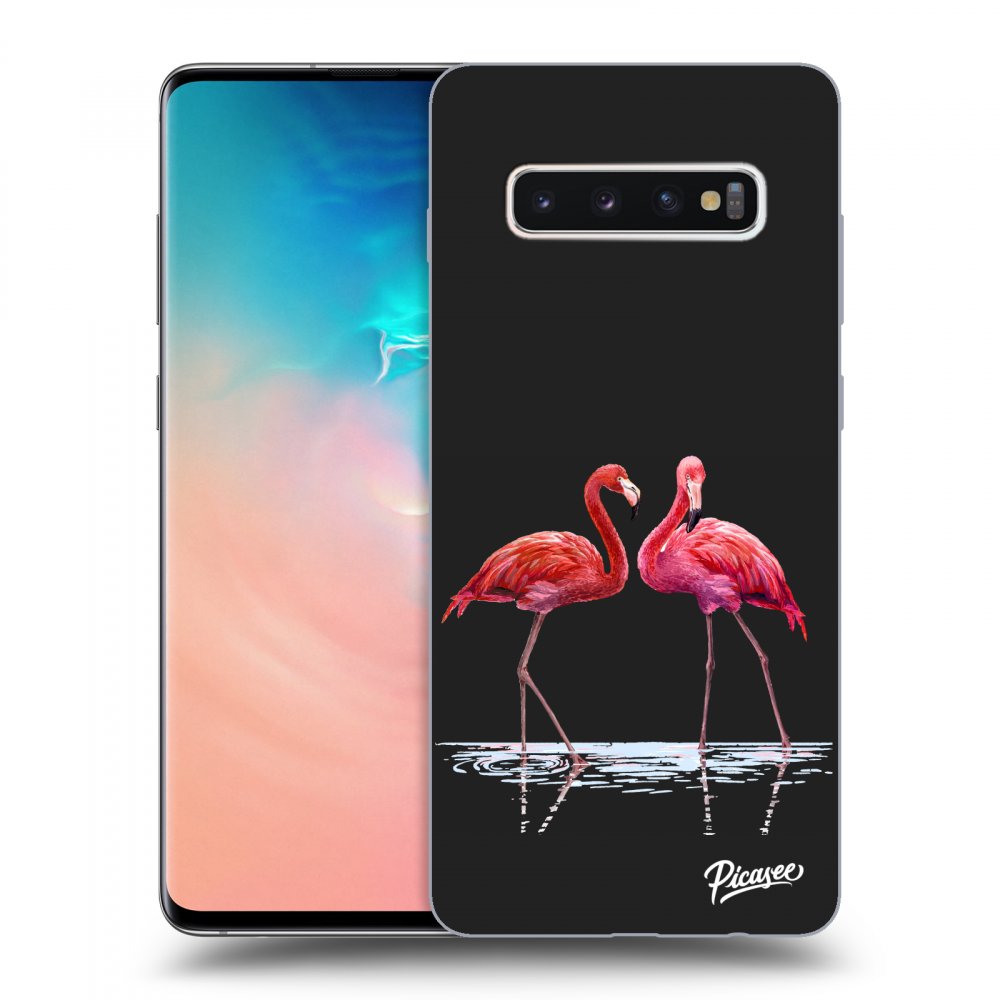 Picasee crna silikonska maskica za Samsung Galaxy S10 Plus G975 - Flamingos couple