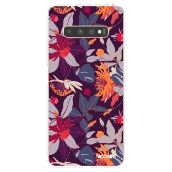 Picasee silikonska prozirna maskica za Samsung Galaxy S10 Plus G975 - Purple Leaf